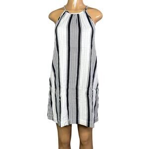 Lou & Grey High Neck Sleeveless Shift Dress White Black Striped Size Small